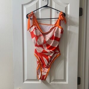 Bold Orange Floral One-Piece Swimsuit with Tie Straps and matching wrap